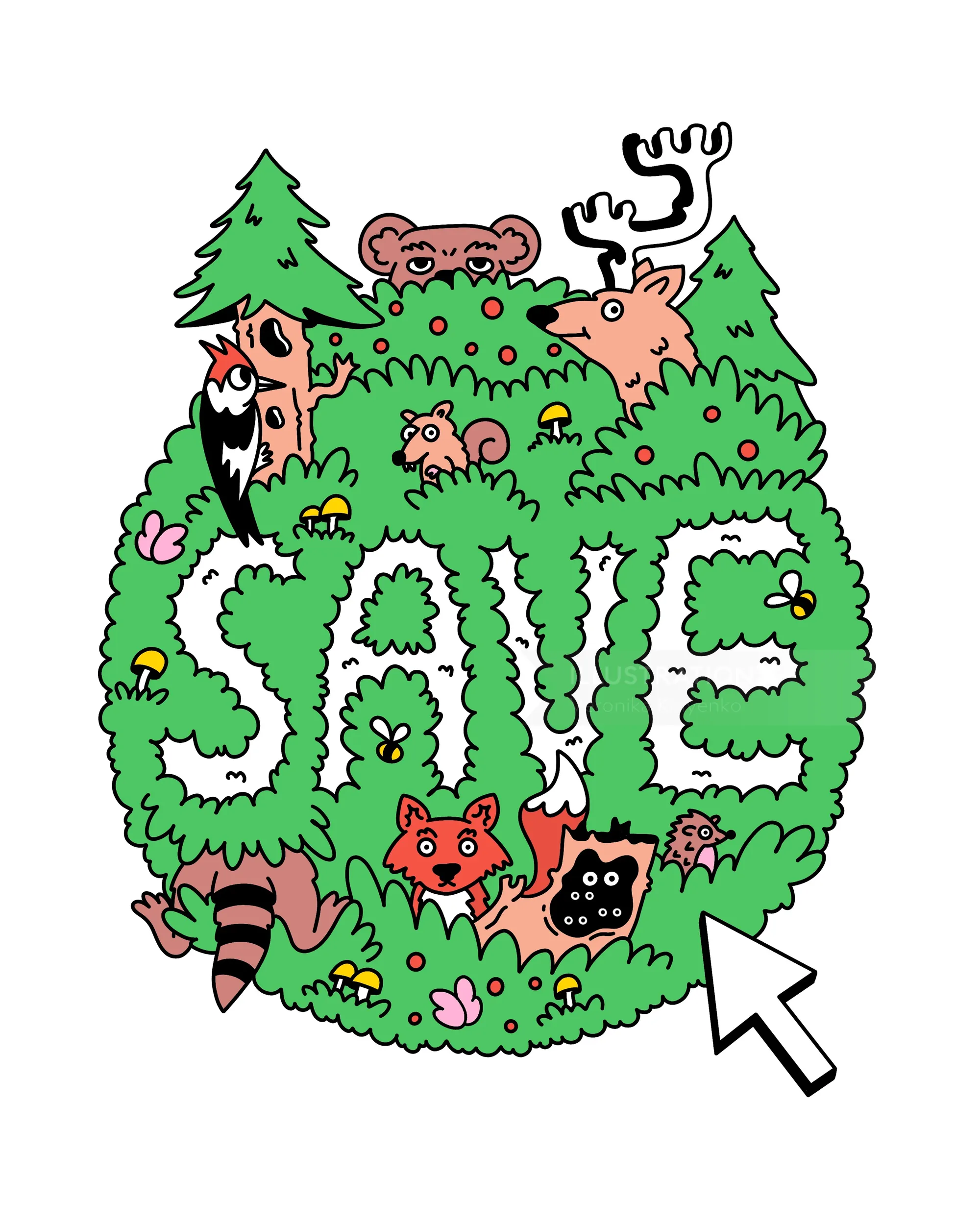 Forest animals in green foliage forming Save text by Veronika Kiriyenko