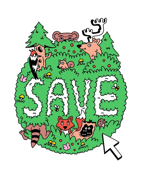 Forest animals in green foliage forming Save text by Veronika Kiriyenko