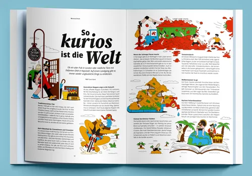 Editorial illustration featuring cultural facts for AIDA Magazine by Veronika Kiriyenko