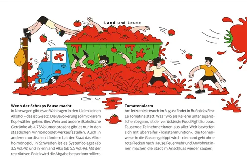 Illustration of crowd throwing tomatoes at La Tomatina festival by Veronika Kiriyenko