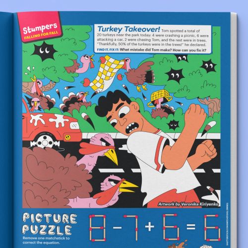 Puzzle illustration of boy running in turkey-filled town square by Veronika Kiriyenko