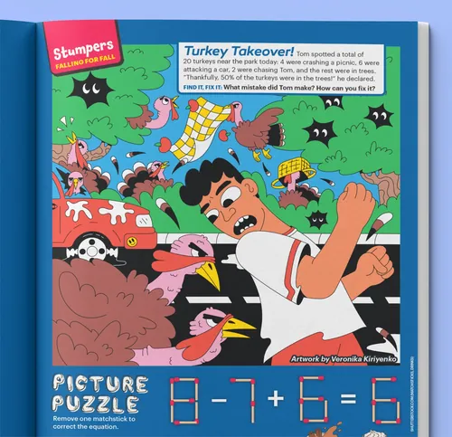 Puzzle illustration of boy running in turkey-filled town square by Veronika Kiriyenko