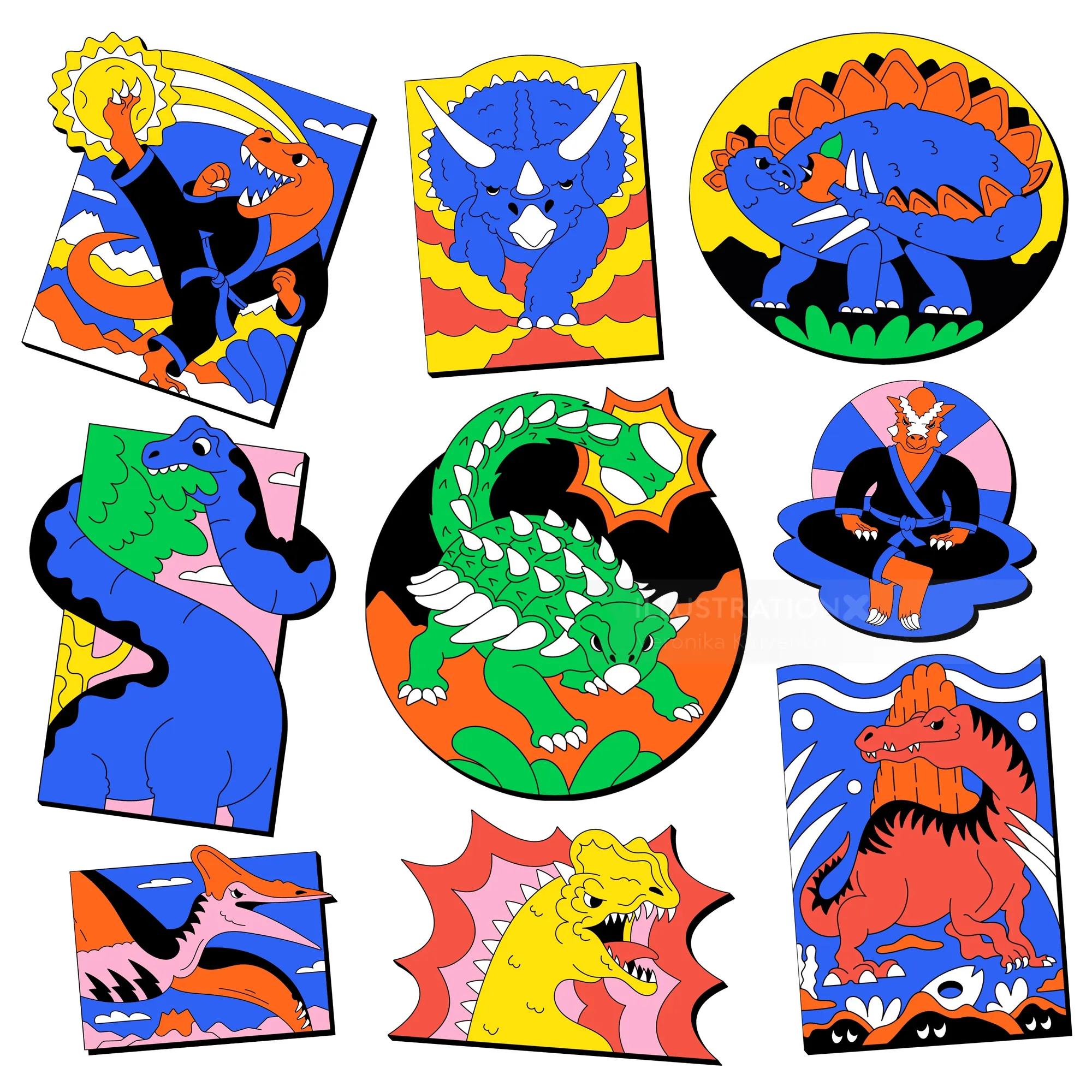 Colorful dinosaur patches for kids' Brazilian Jiu-Jitsu kimonos by Veronika Kiriyenko