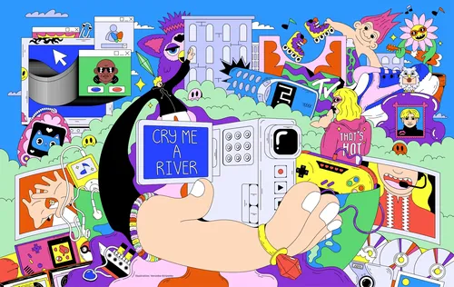 Colorful millennial world scene filled with digital and pop culture elements by Veronika Kiriyenko