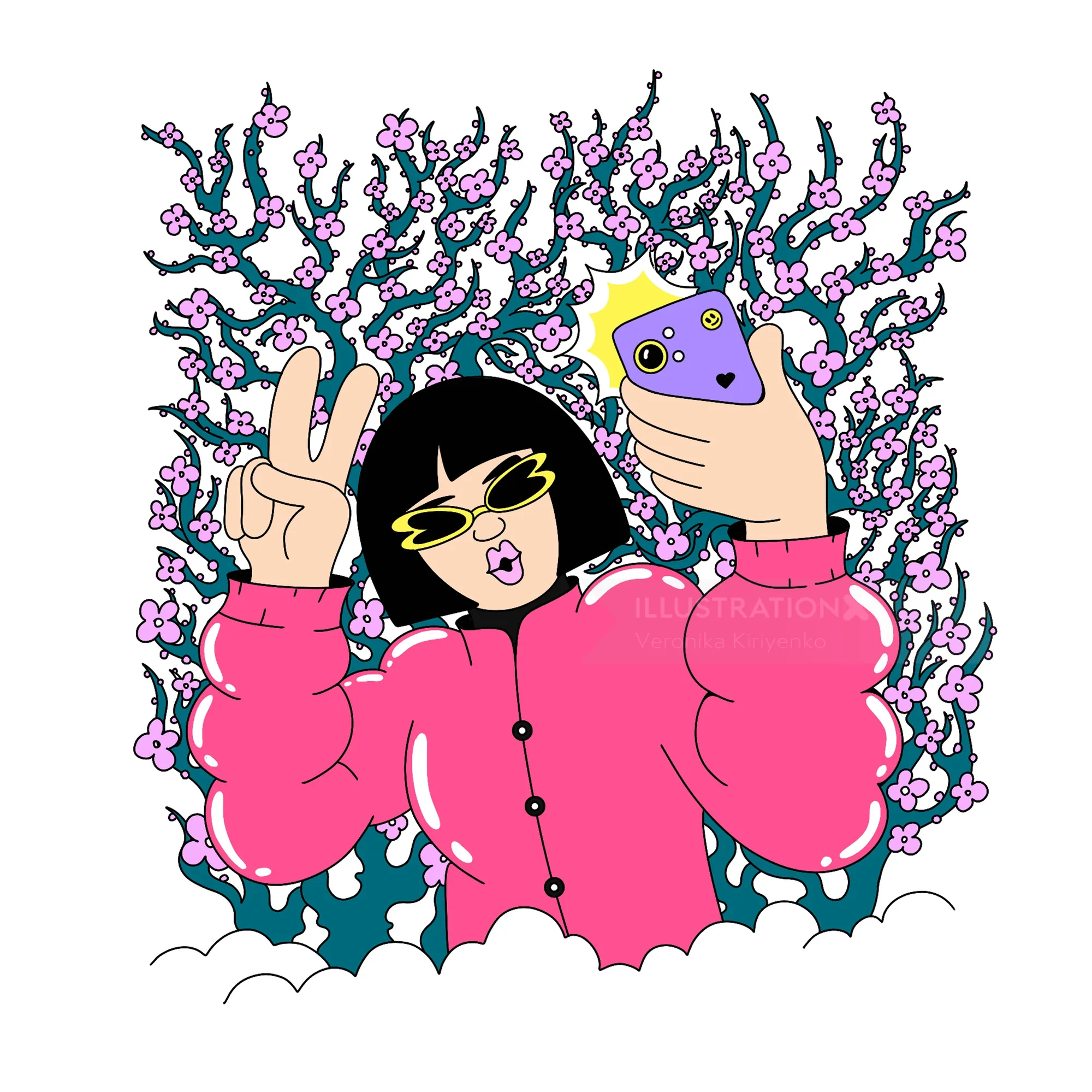 Girl in pink jacket taking a selfie with cherry blossoms, artwork by Veronika Kiriyenko