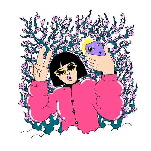 Girl in pink jacket taking a selfie with cherry blossoms, artwork by Veronika Kiriyenko
