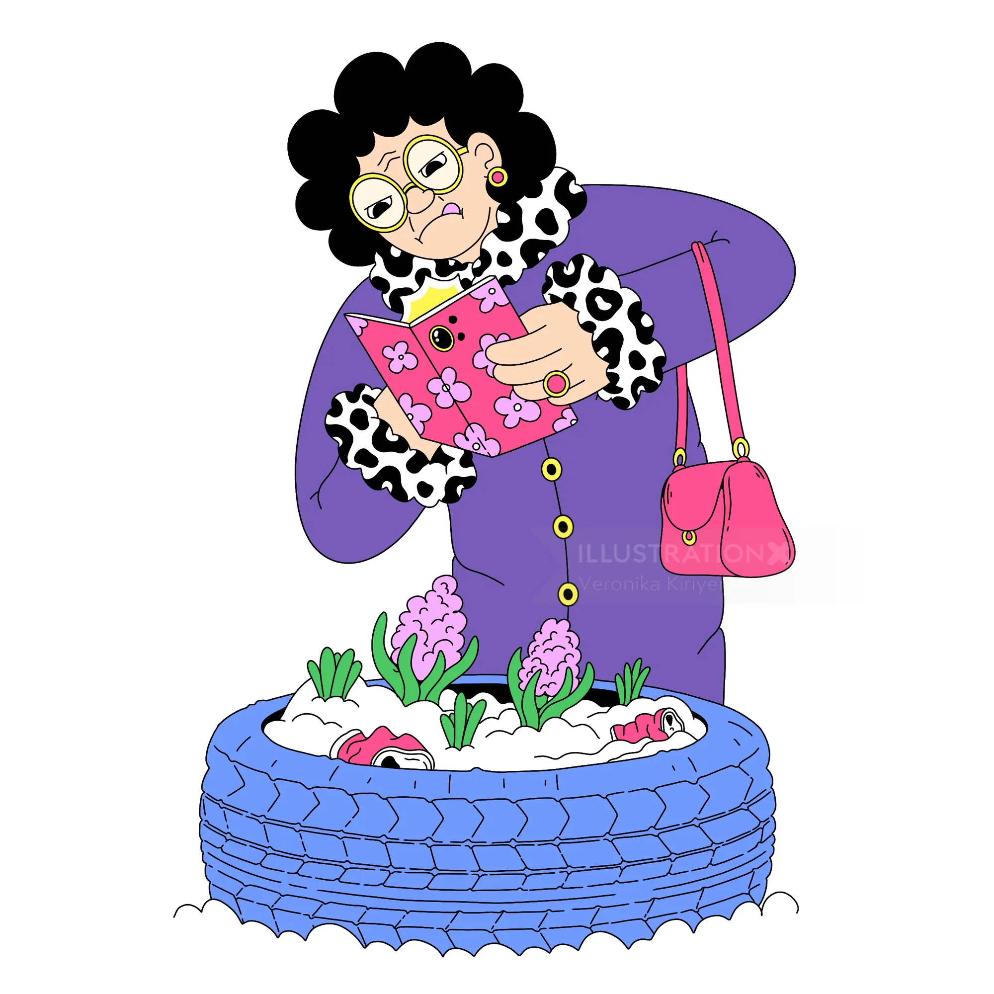 Woman examining pink flowers in tire planter, illustration by Veronika Kiriyenko