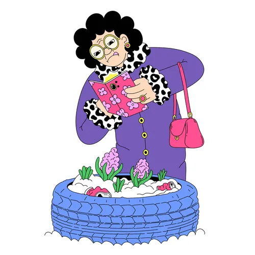 Woman examining pink flowers in tire planter, illustration by Veronika Kiriyenko