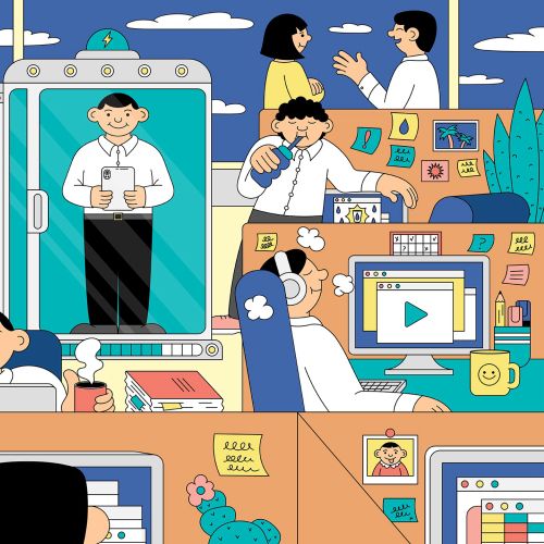 Colorful illustration of office workers recharging with wellness activities by Veronika Kiriyenko