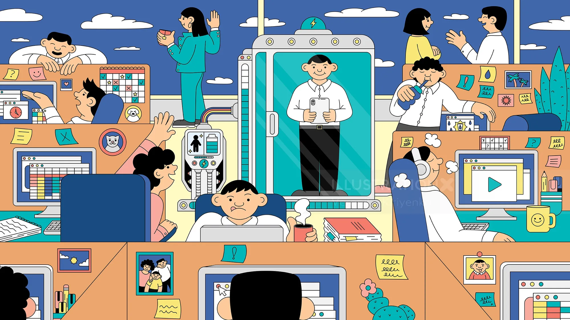 Colorful illustration of office workers recharging with wellness activities by Veronika Kiriyenko