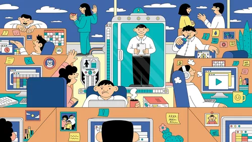 Colorful illustration of office workers recharging with wellness activities by Veronika Kiriyenko