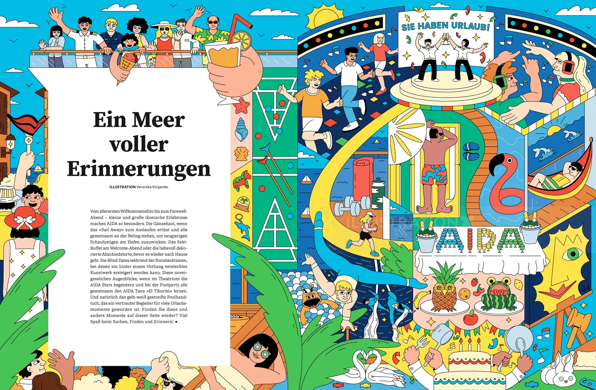 Farbenfrohe Unterwasser-Buchseite, illustriert von Veronika Kiriyenko