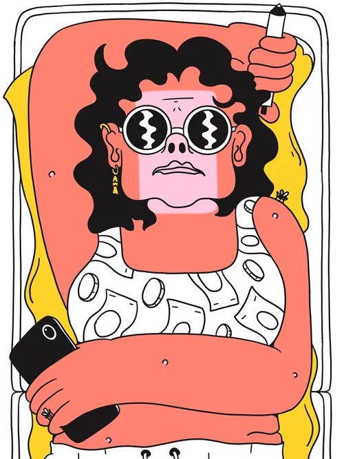 Illustration par Veronika Kiriyenko d'une personne aux cheveux bouclés portant des lunettes surdimensionnées