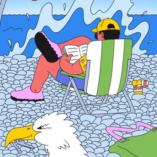 Illustration by Veronika Kiriyenko of a reader relaxing in a striped beach chair
