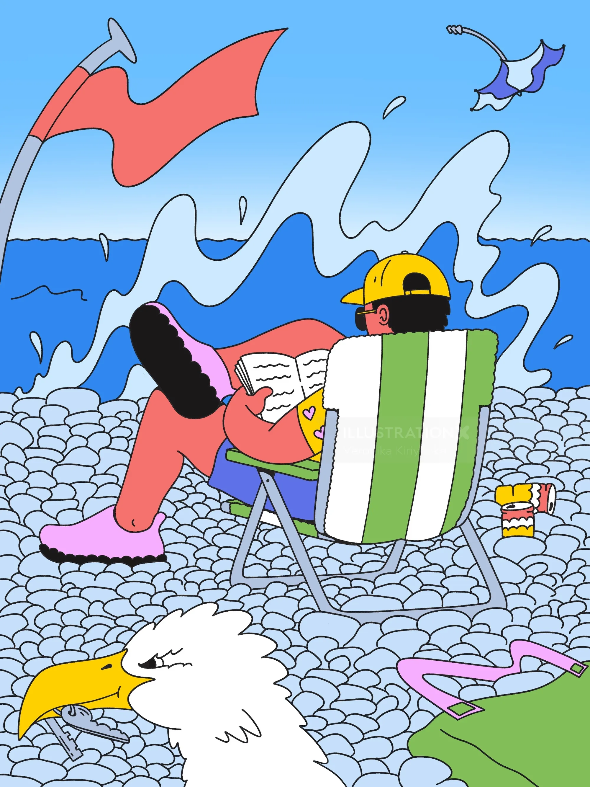 Illustration von Veronika Kiriyenko eines Lesers, der sich in einem gestreiften Strandstuhl entspannt