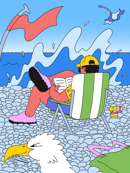 Illustration par Veronika Kiriyenko d'un lecteur se détendant dans une chaise de plage rayée