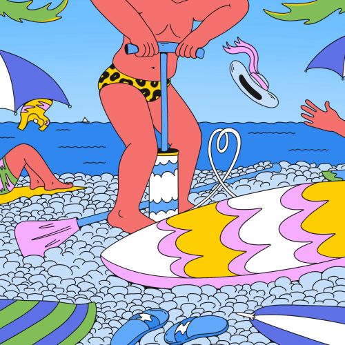 Colorful beach illustration by Veronika Kiriyenko with a red-skinned swimmer and waves