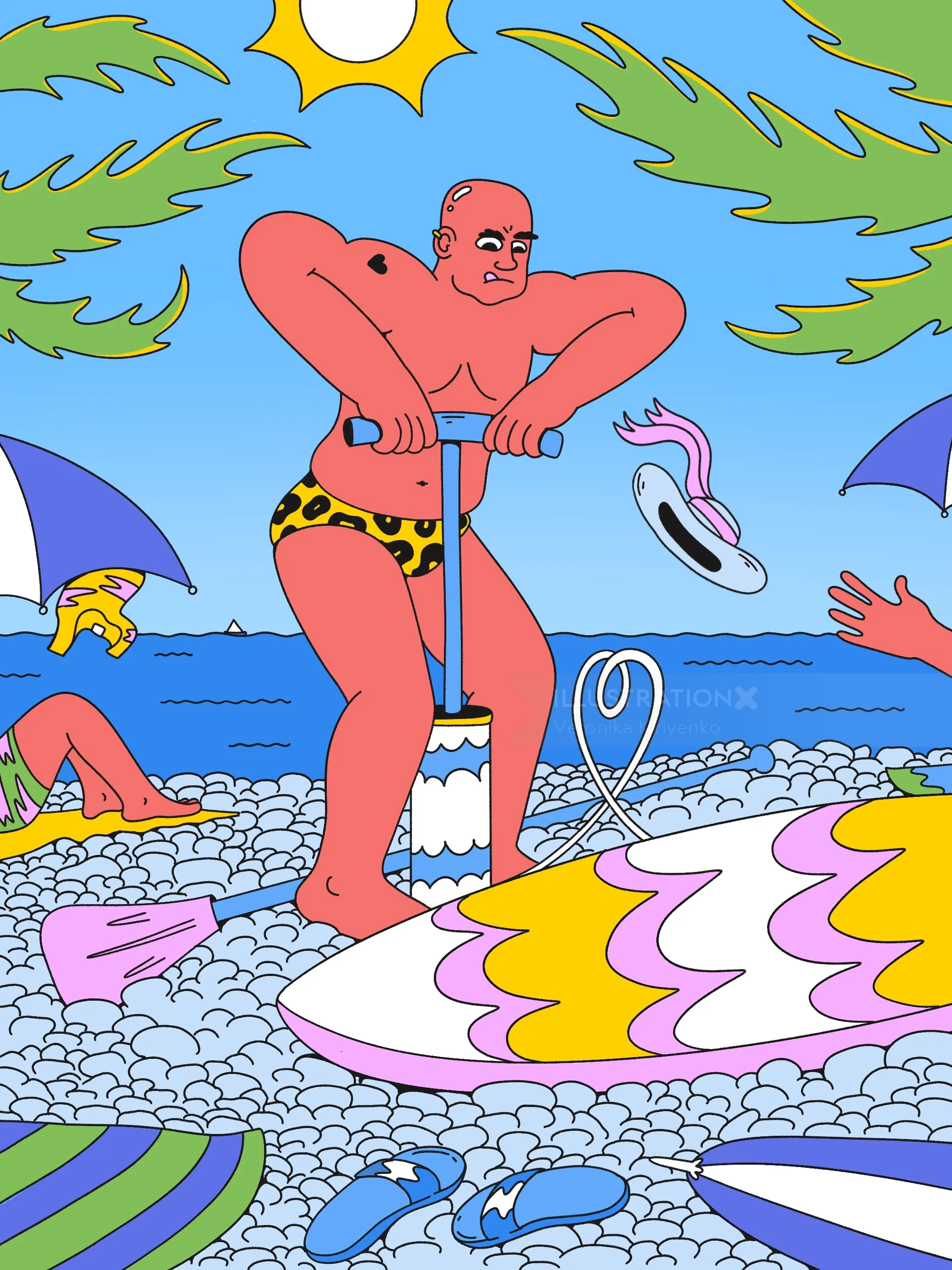 Farbenfrohe Strandillustration von Veronika Kiriyenko mit einem rothäutigen Schwimmer und Wellen