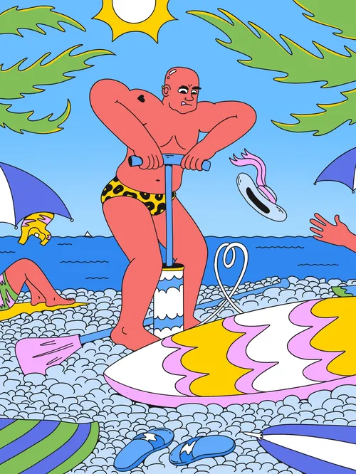 Illustration colorée de plage par Veronika Kiriyenko avec un nageur à la peau rouge et des vagues