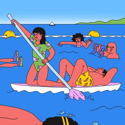 Illustration by Veronika Kiriyenko showing women playing and relaxing in ocean waves