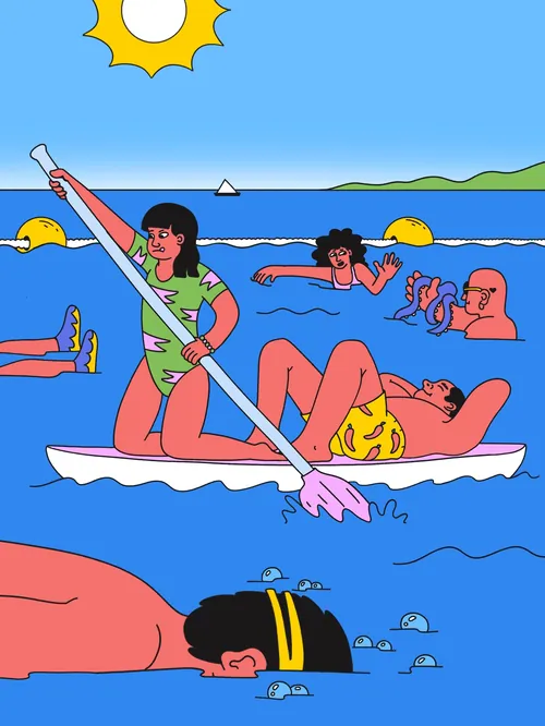 Illustration par Veronika Kiriyenko montrant des femmes jouant et se détendant dans les vagues de l'océan