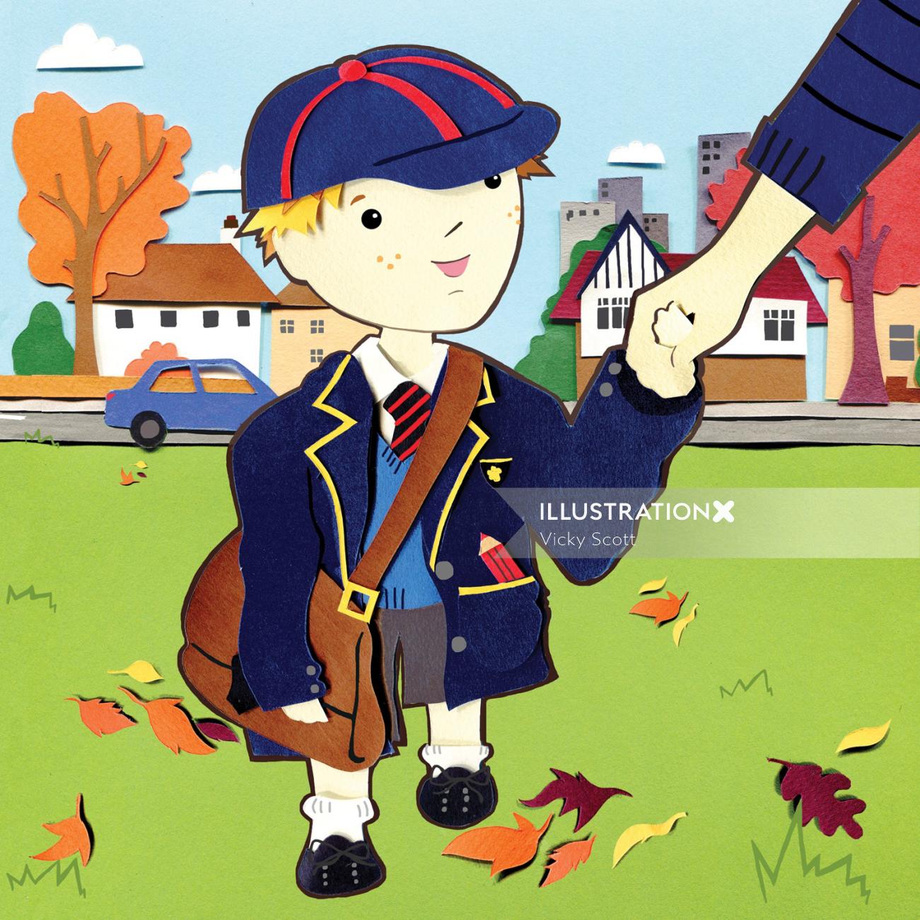 little boy wearing oversized school uniform