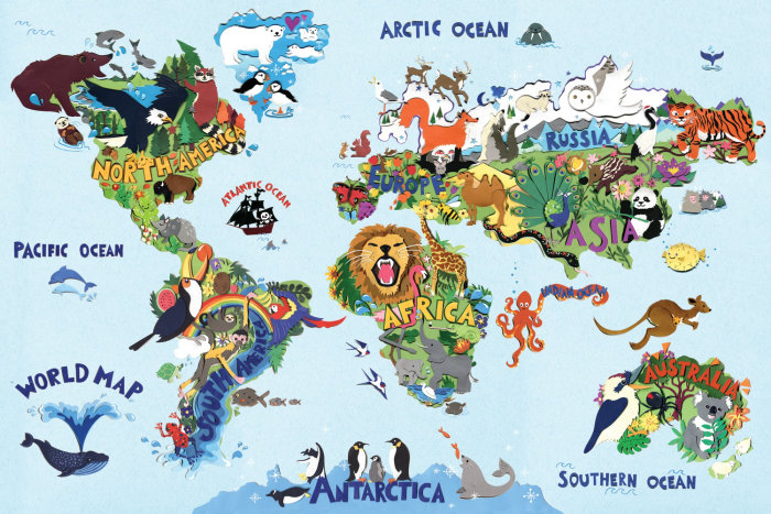 Ilustração gráfica do mapa do mundo animal