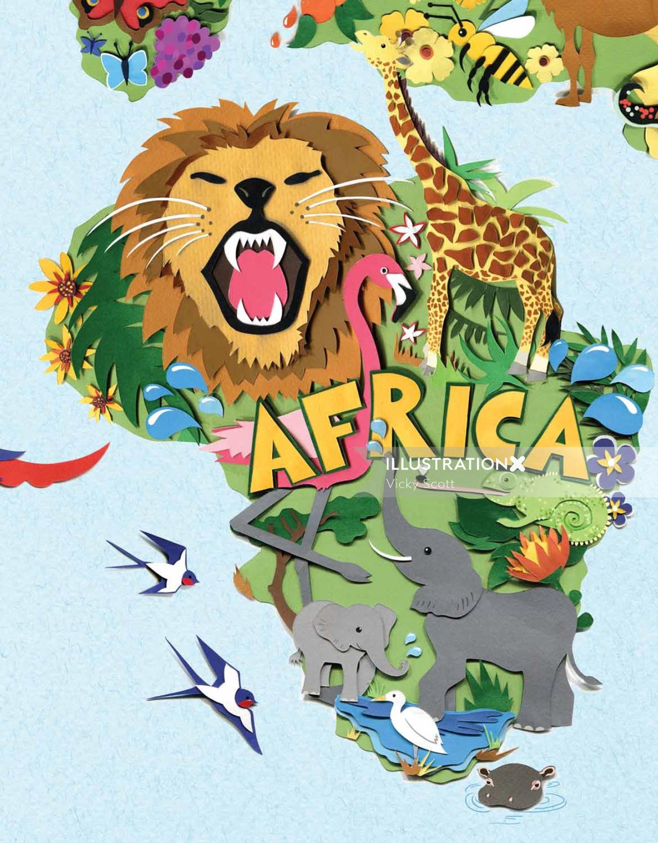 地図、野生動物、アフリカ、ライオン、象、フラミンゴキリン、ツバメ、カメレオン
