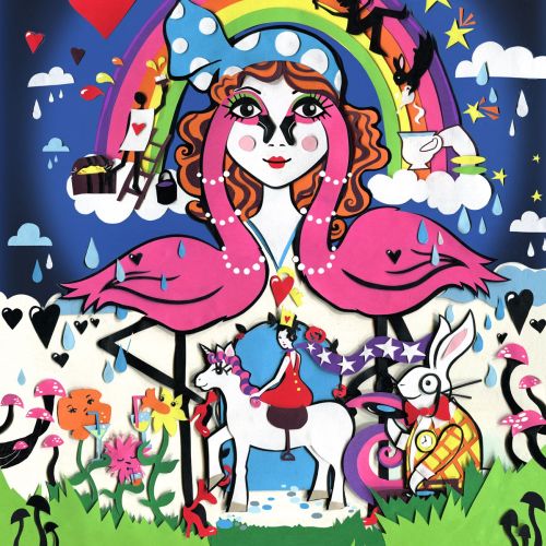wonderland, flamingo, rabbit, unicorn, rainbow, flowers, mushroom, hearts, stars, dj, birds
