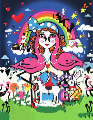 Cartel de fiesta temática del país de las maravillas y el arco iris.