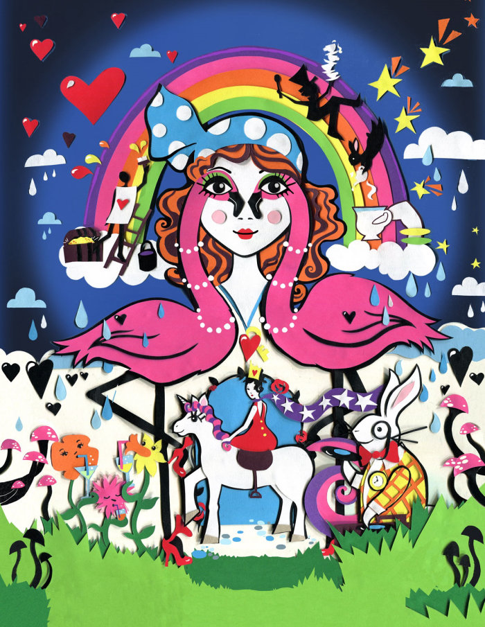 Cartaz de festa com tema do país das maravilhas e arco-íris