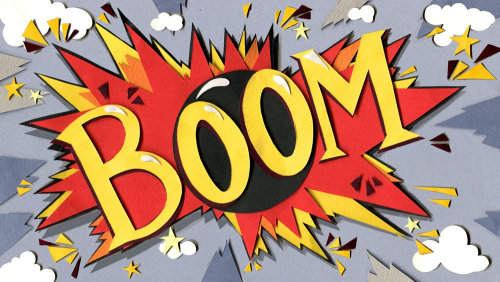 explosion, boom, handdrawn type, collage, bang, comedy