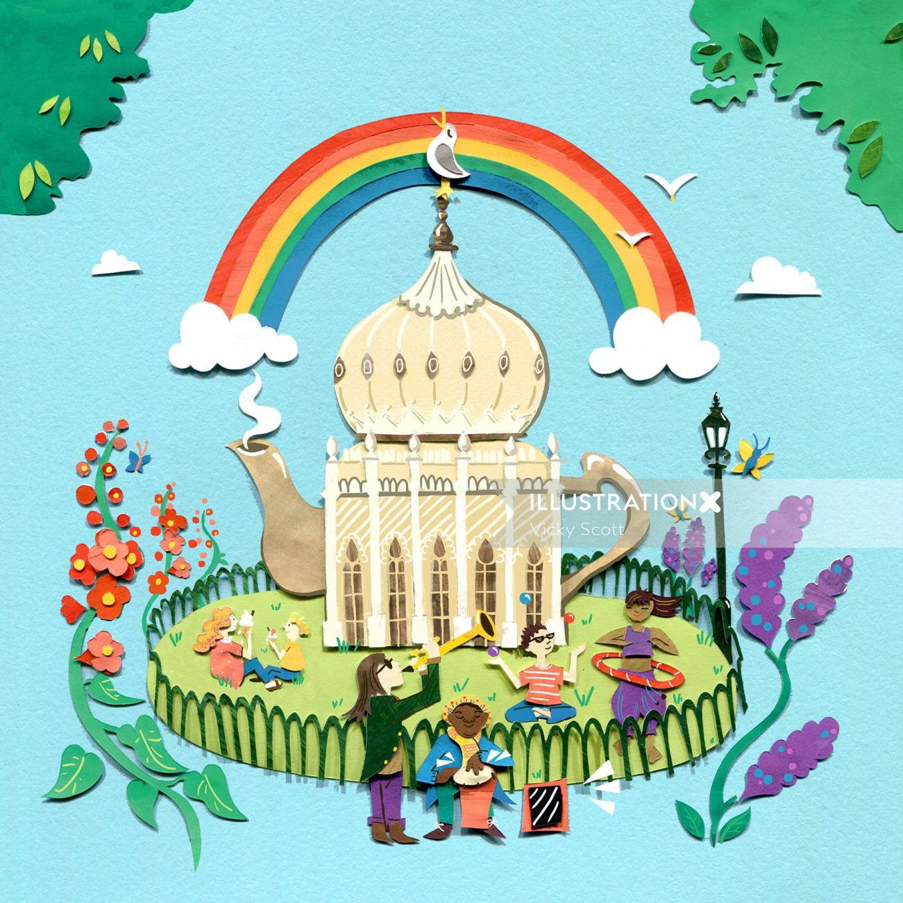 teapot, architecture, brighton pavilion, garden, crowd, travel, flowers, rainbow, seagull, musicians