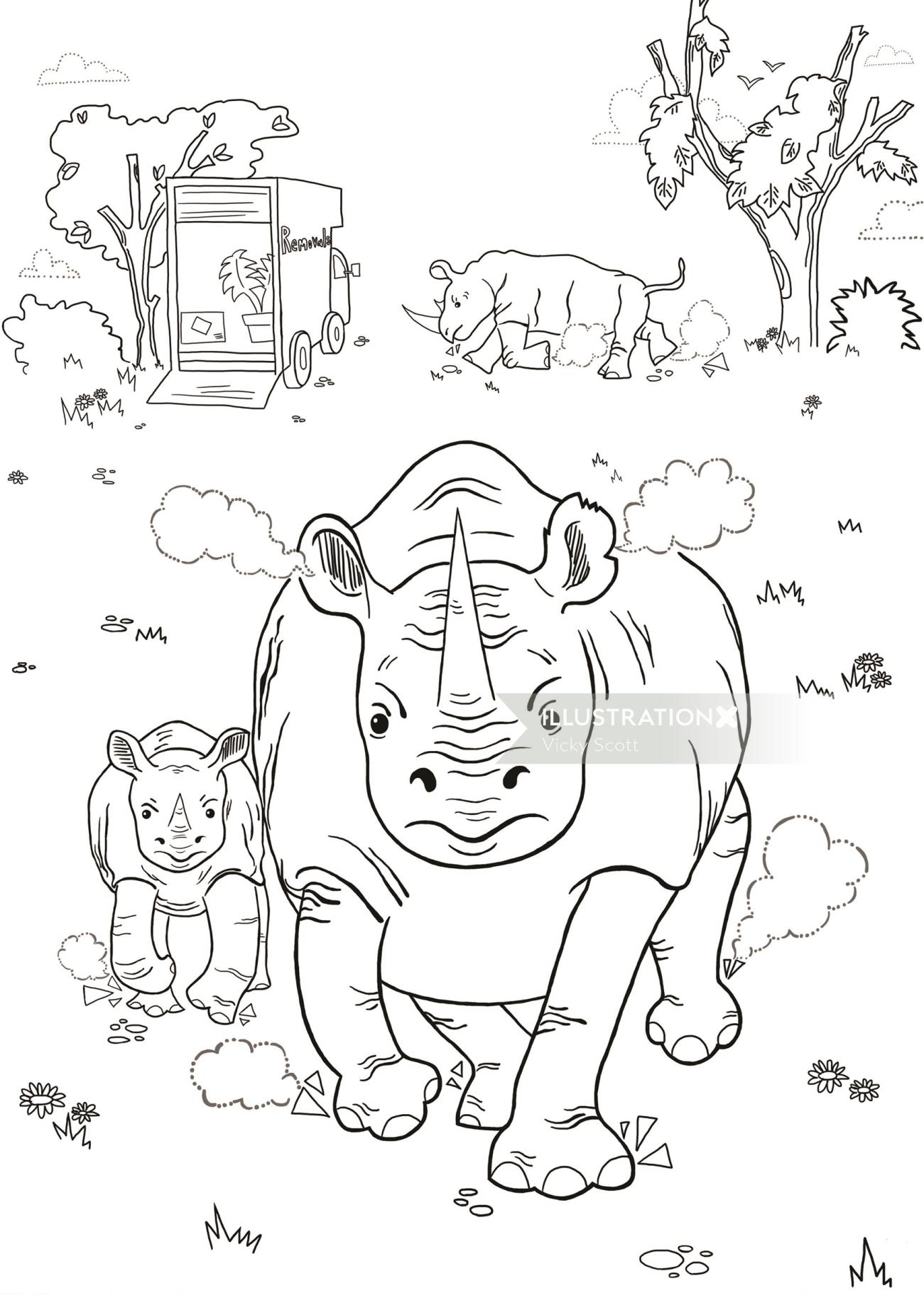 rhino, humour, protest, wildlife, animals, zoo, sea, angry animals, colouring page, colouring book, 