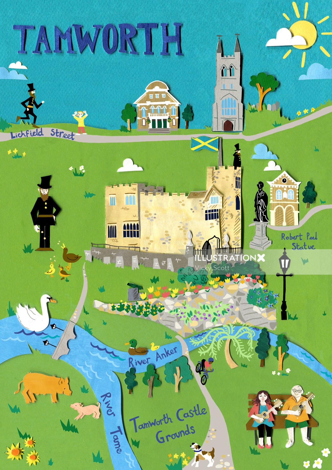 tamworth, map,castle, history, church, pigs, policeman, statue, swans, flowers