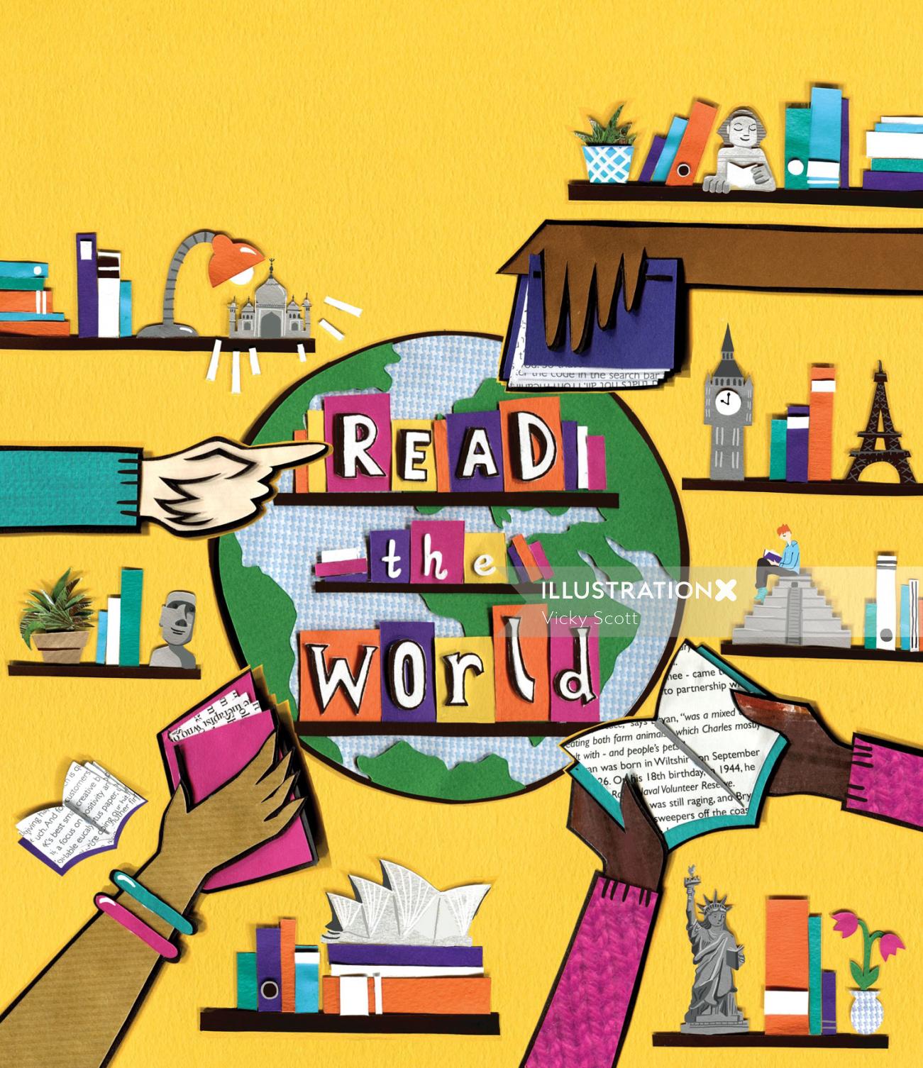 reading, books, poster, globe, landmarks, diverse, reading, big ben, london, sydney, new york, statu