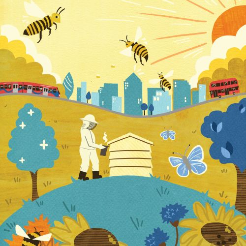 Editorial illustration conveying bees and beekeeping