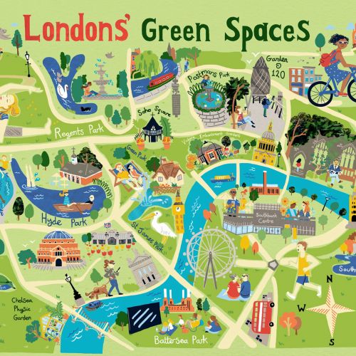 Map showing  green spaces in central London