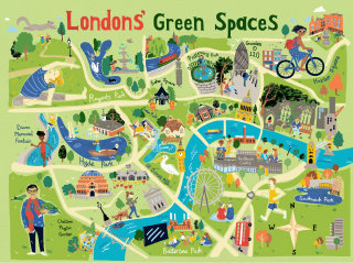 Mapa que muestra los espacios verdes en el centro de Londres
