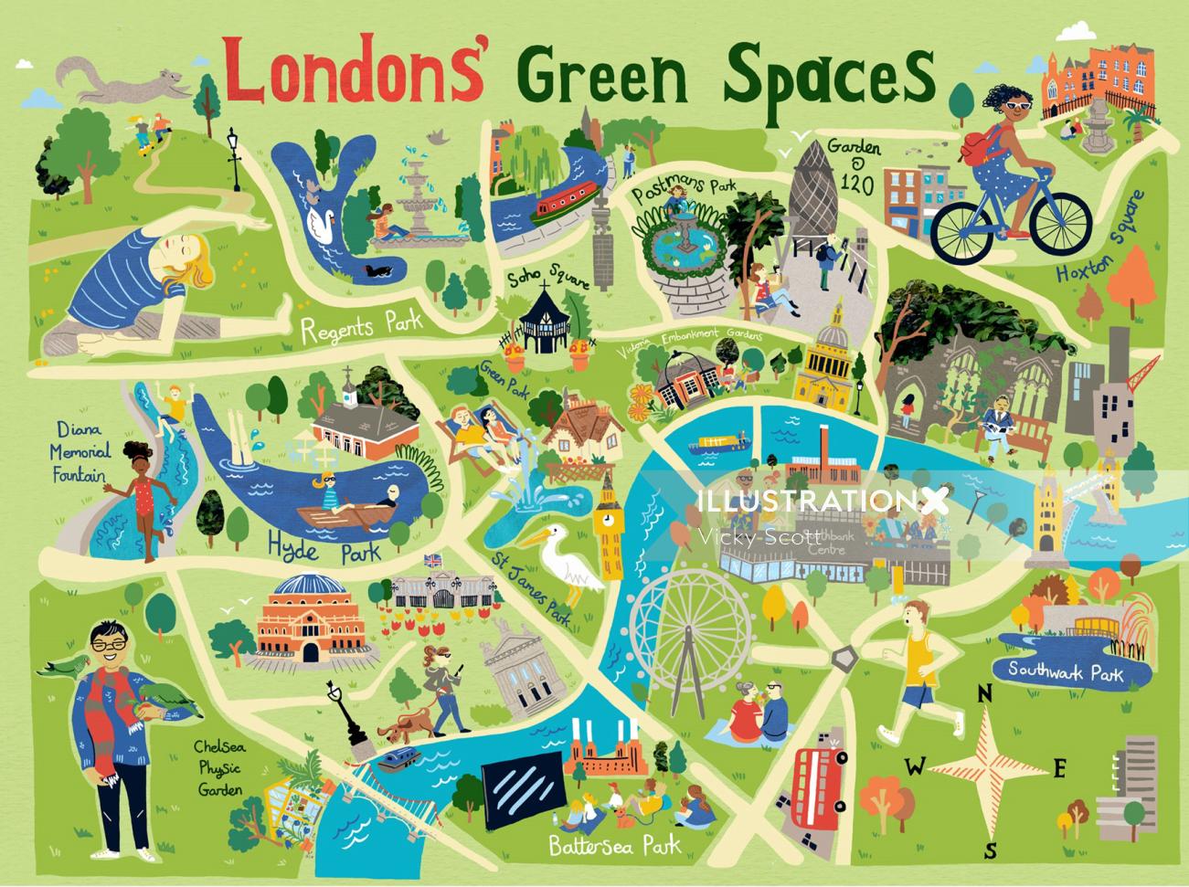 Mapa mostrando espaços verdes no centro de Londres
