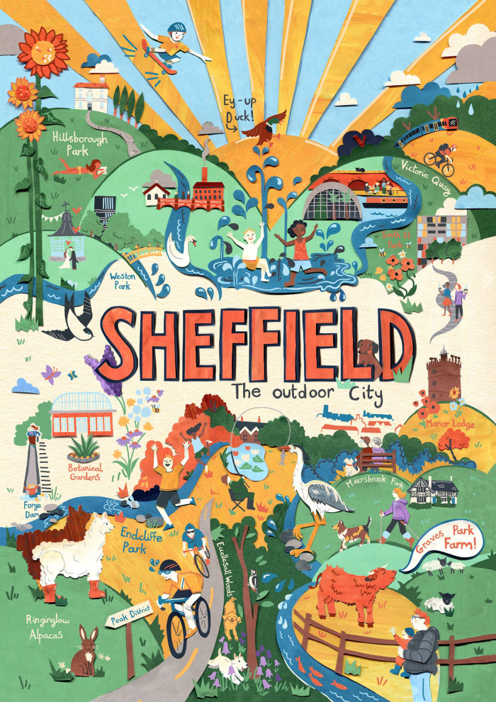 Desenho de um mapa com os espaços verdes de Sheffield