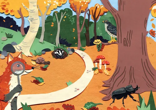 Illustrationen zu herbstlichen Pflanzen und Tieren