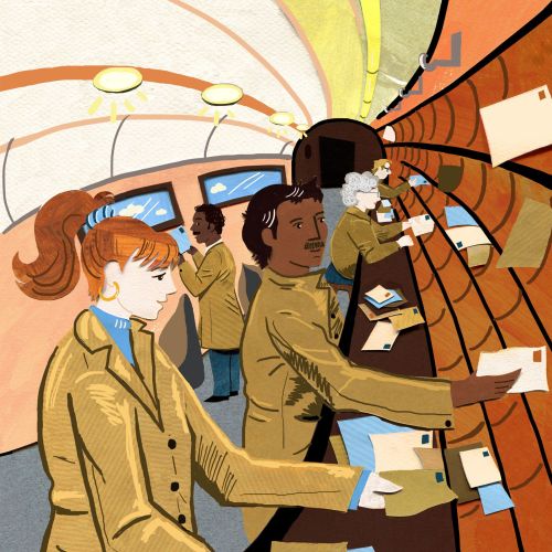 Illustration for Postal Museum depicting mail sorted on trains