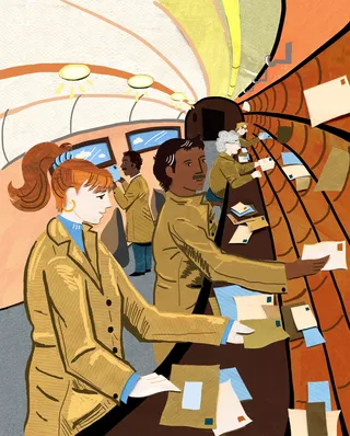 Illustration for Postal Museum depicting mail sorted on trains