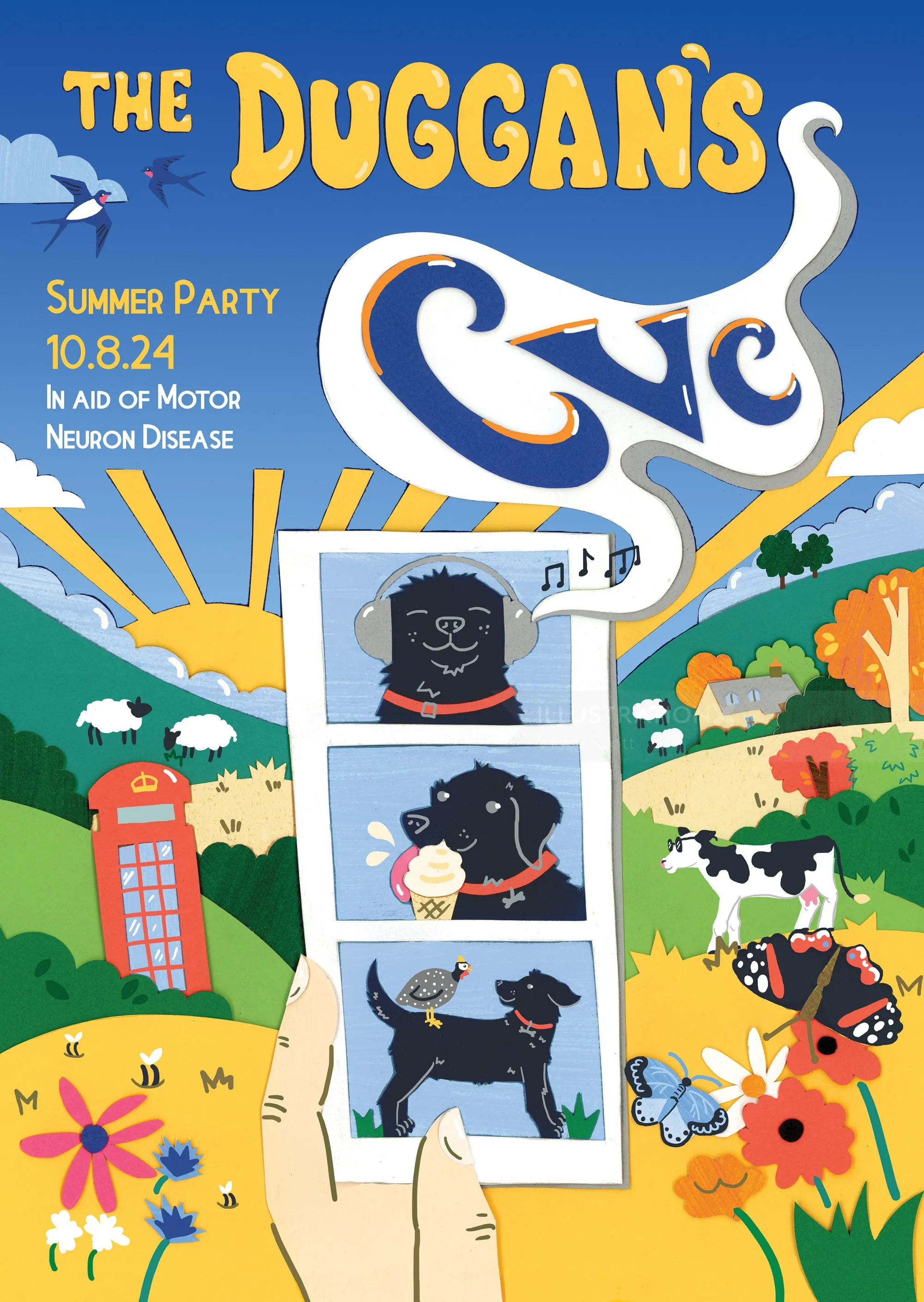 Auftragskunstwerk mit einem Hund, der ein Gartenfest genießt