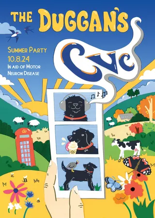 Commissioned artwork featuring dog enjoying garden festival