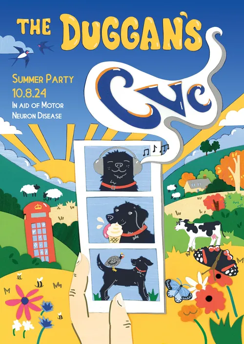 Auftragskunstwerk mit einem Hund, der ein Gartenfest genießt