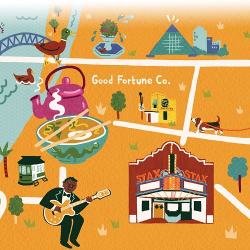 Gravy Magazine illustration of Memphis with food, culture, and Elvis