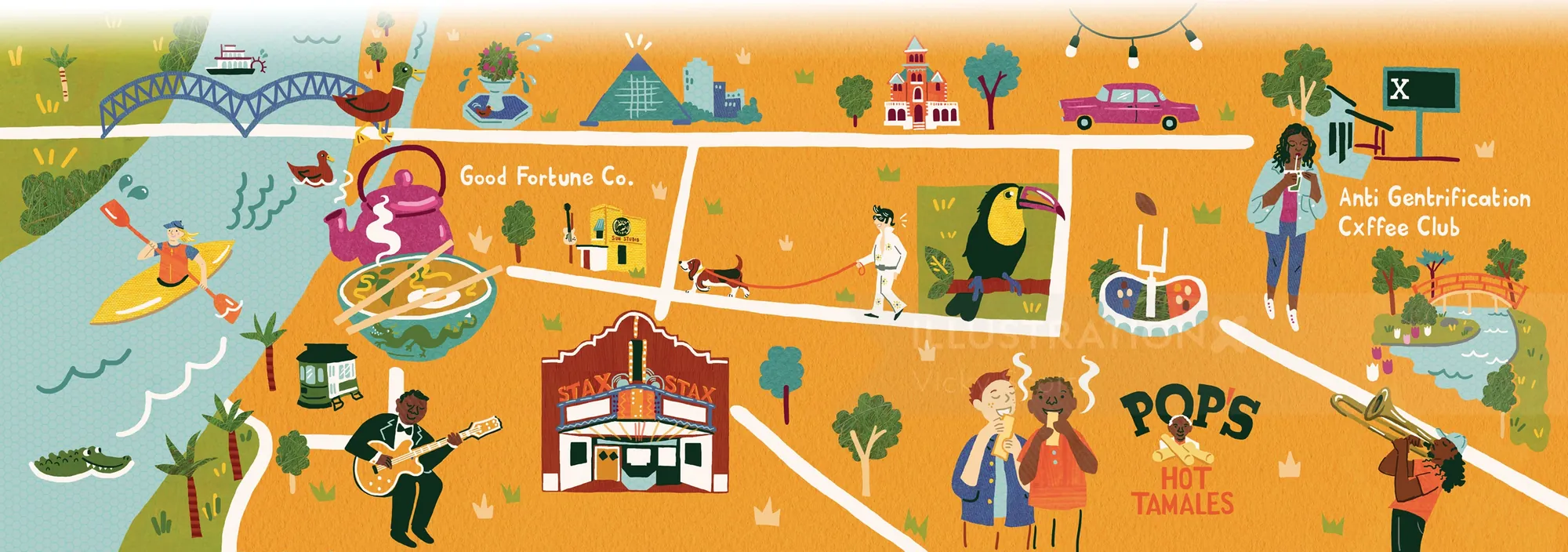 Gravy Magazine illustration of Memphis with food, culture, and Elvis