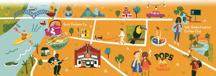 Gravy Magazine illustration of Memphis with food, culture, and Elvis